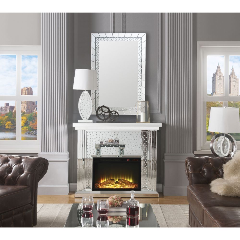 Acme Furniture Nysa Fireplace in Mirrored & Faux Crystals