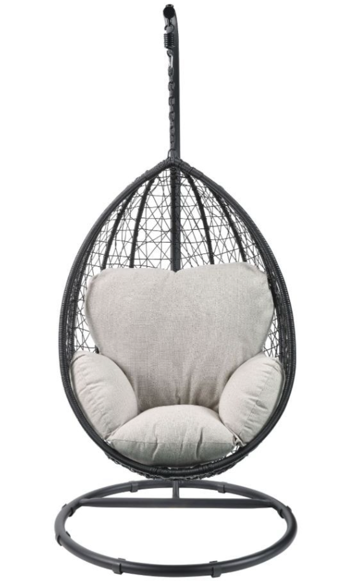 ACME Simona Patio Swing Chair with Stand, Beige Fabric & Black Wicker