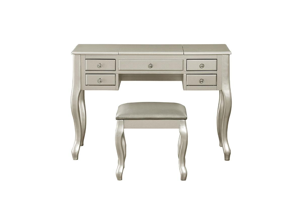 Poundex F4145 Flip Up Mirror vanity Set with Stool in Silver