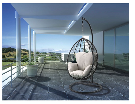 ACME Simona Patio Swing Chair with Stand, Beige Fabric & Black Wicker