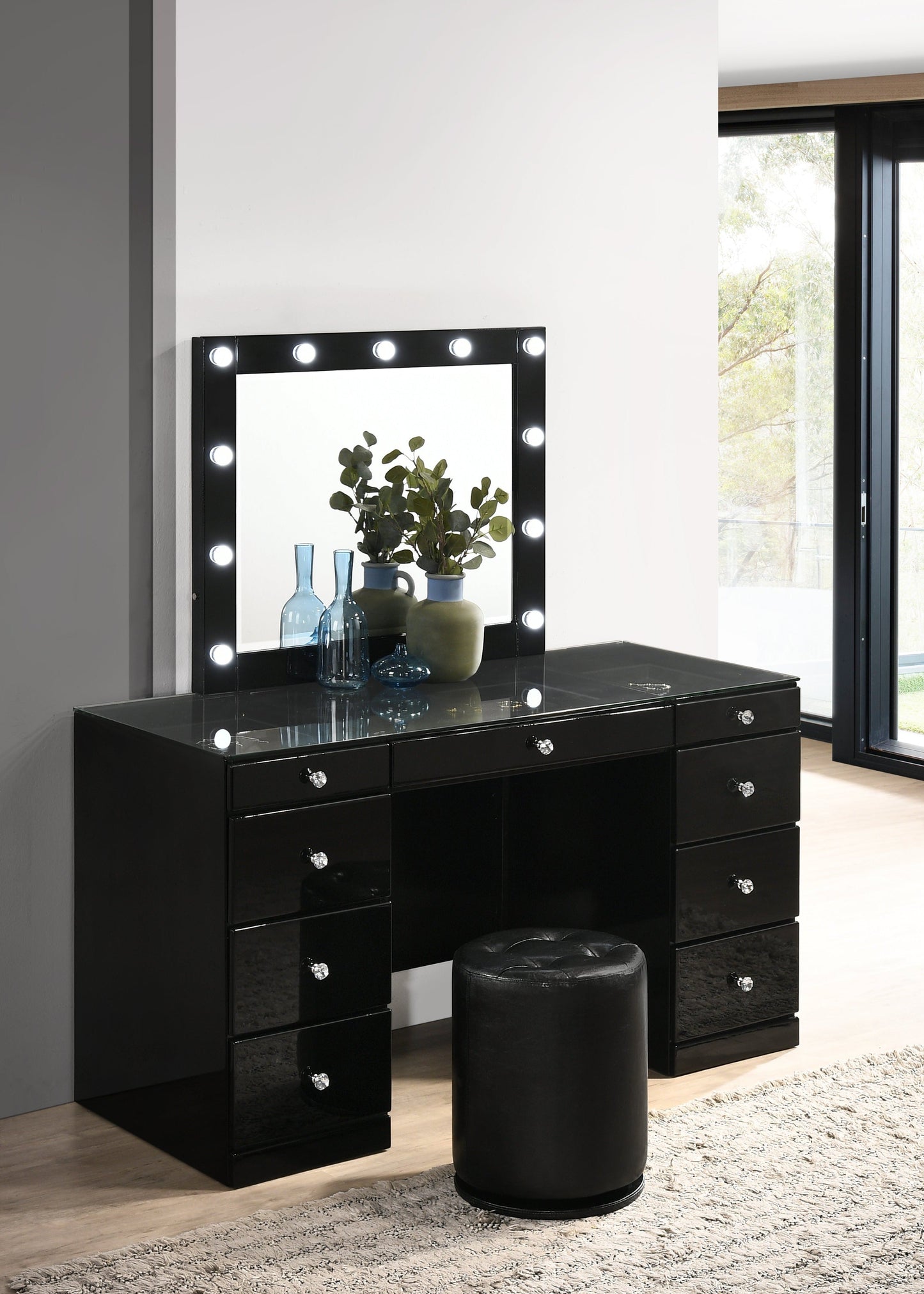 Avery LED Lights Vanity Set in Black by Crown Mark