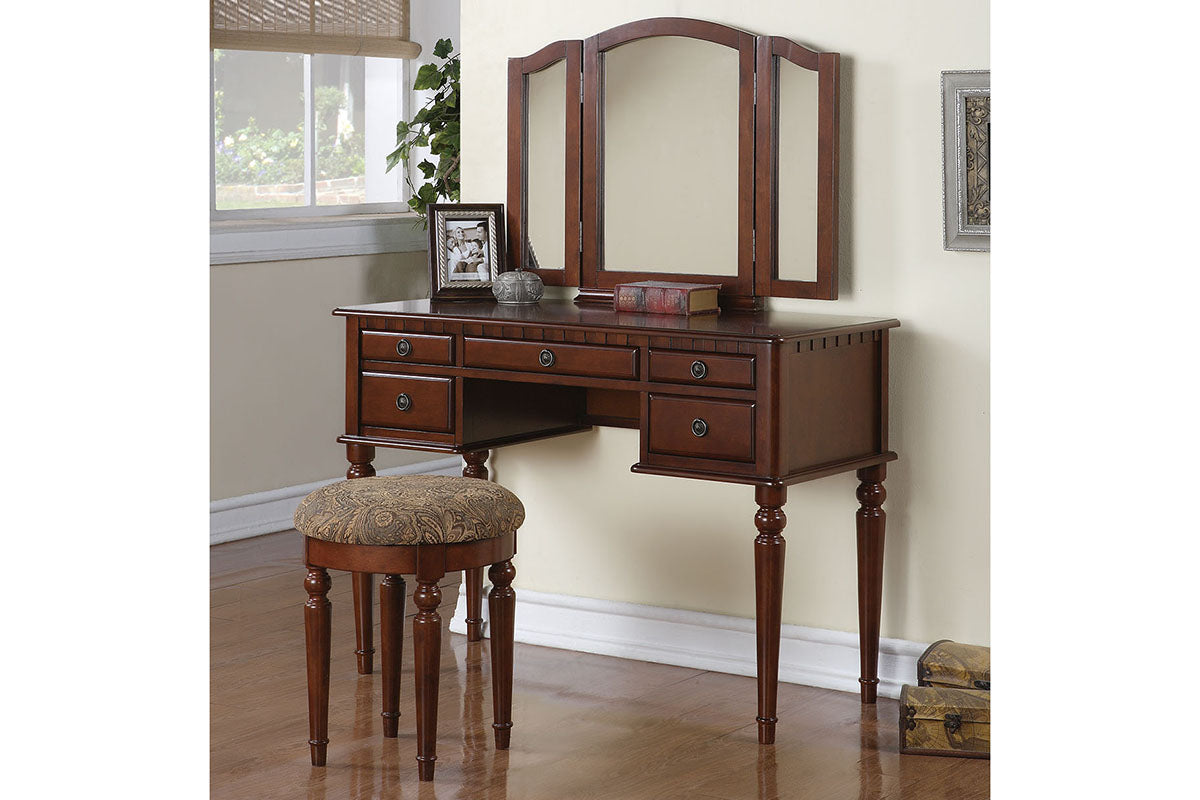 Wooden Makeup Vanity Set Desk, Mirror & Stool - Brown