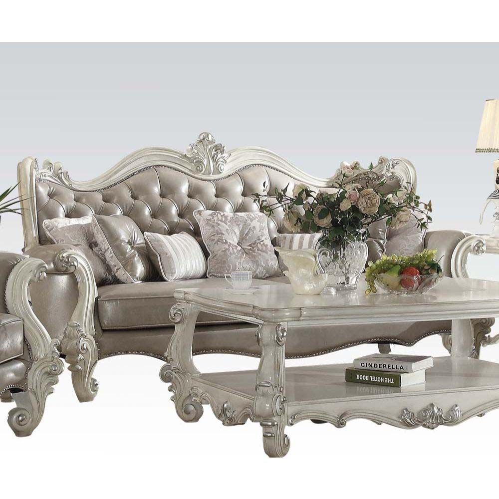 Versailles Vintage Gray PU & Bone White Sofa w/7 Pillows