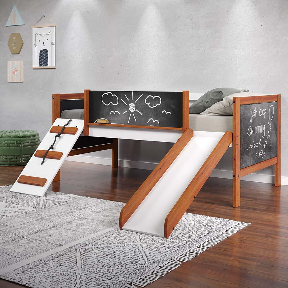 ACME Aurea Twin Loft Bed with Slide and 2 storage boxes in Cherry Oak and White