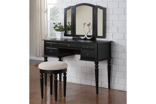 Poundex Wooden Makeup Vanity Set Desk, Mirror & Stool - Black