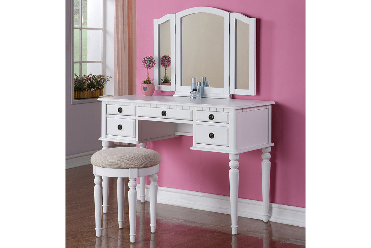 Poundex Vanity Set with Stool, White