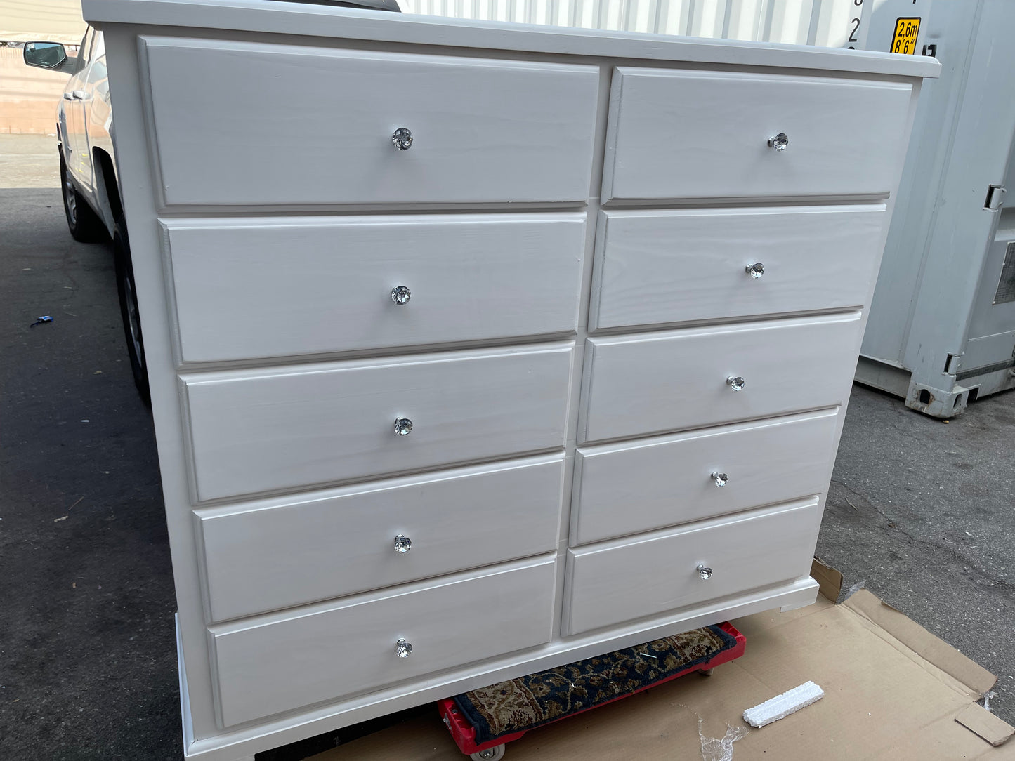 Pine Wood Double Chest Dresser White with crystal elegant knobs.