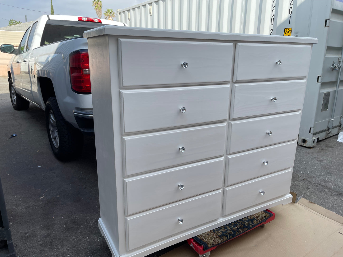 Pine Wood Double Chest Dresser White with crystal elegant knobs.