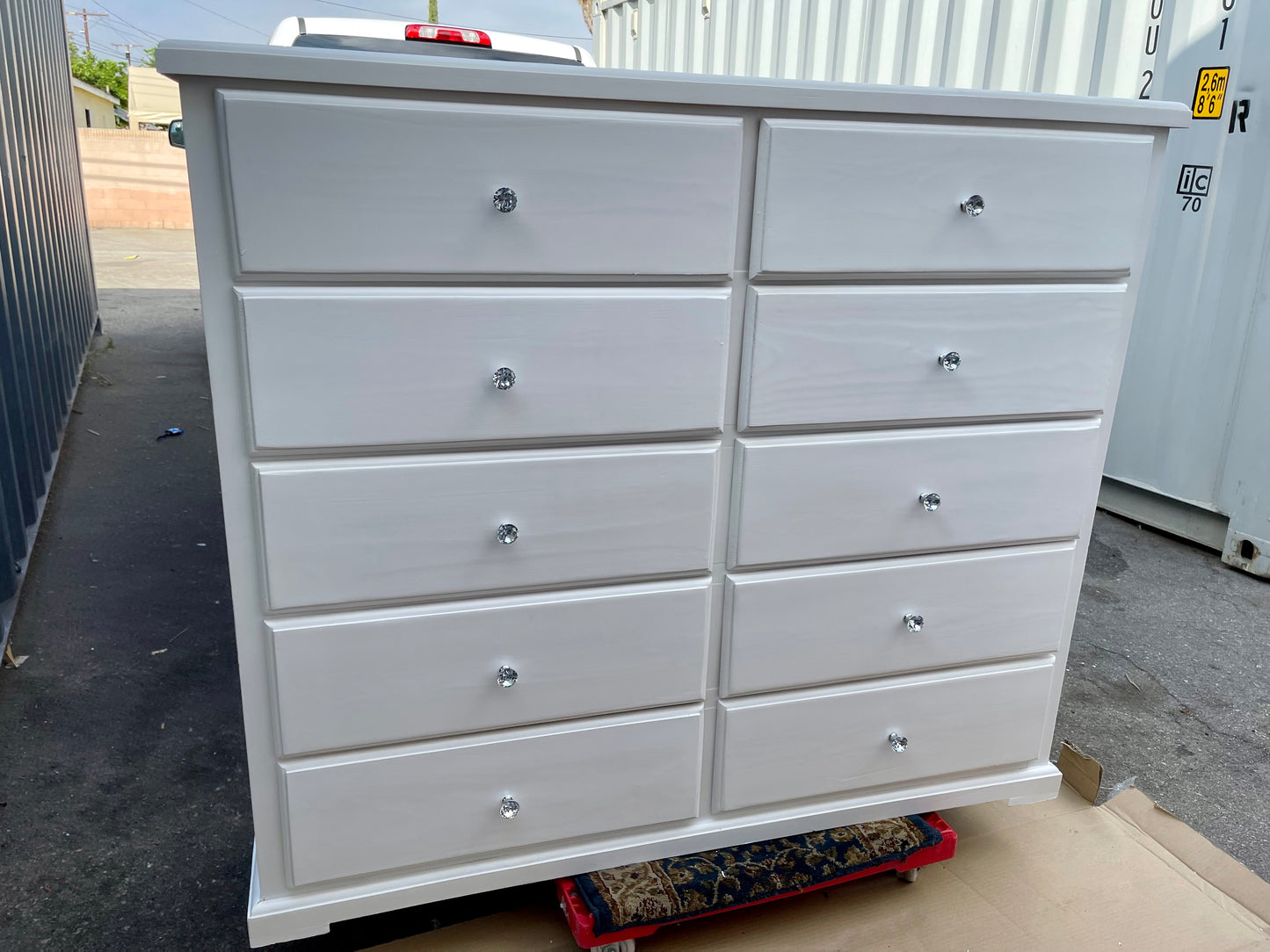 Pine Wood Double Chest Dresser White with crystal elegant knobs.