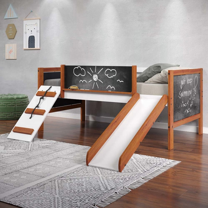 ACME Aurea Twin Loft Bed with Slide and 2 storage boxes in Cherry Oak and White