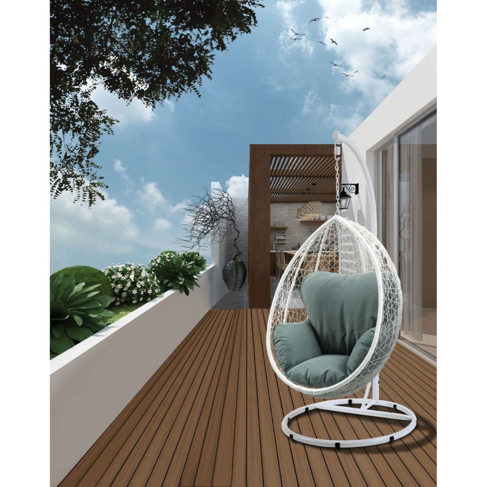 ACME Simona Patio Swing Chair with Stand, Beige Fabric & Black Wicker