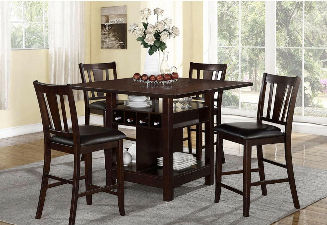 Poundex Counter Height Table with Wine Storage and Shelves in Dark Rosy 5pc set Brown Finish.