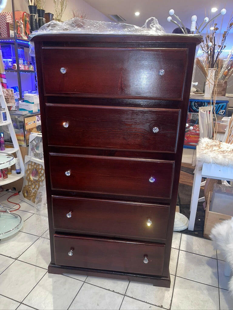 PINE SOLID WOOD CHEST 5 DRAWER WITH CRYSTAL KNOBS - CHERRY.