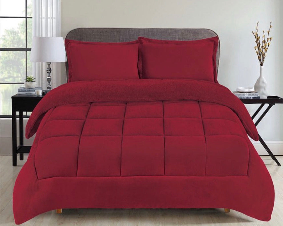 Fleece Blanket, 3- Pieces Sherpa Blanket - Super Soft Warm, Korean Style Reversible Printed Winter Borrego Blanket (Solid Color - Burgundy , King(79"x91")).