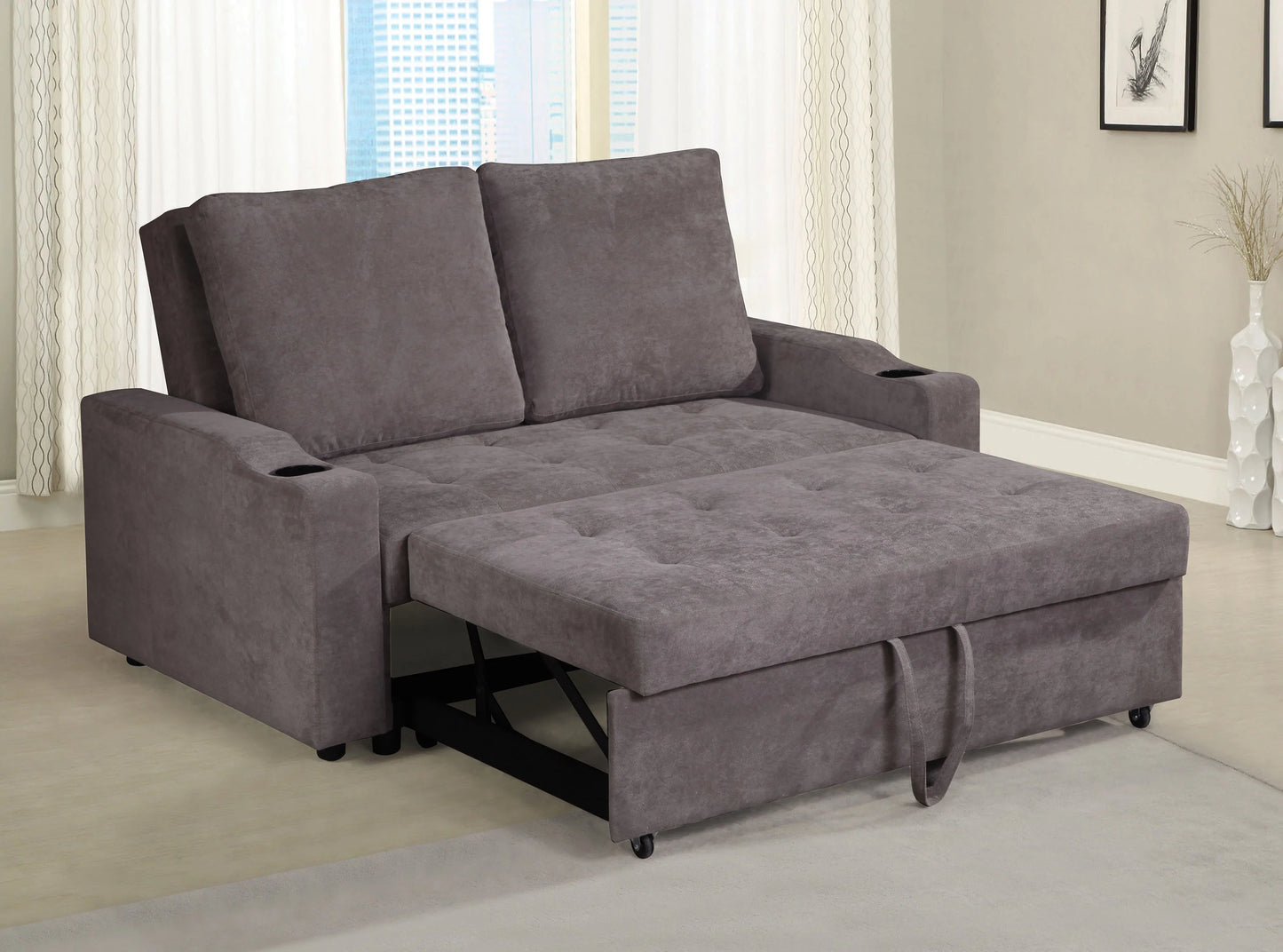 2071-BROWN Fabric Sofa Bed 2 Cup Holders in Arms