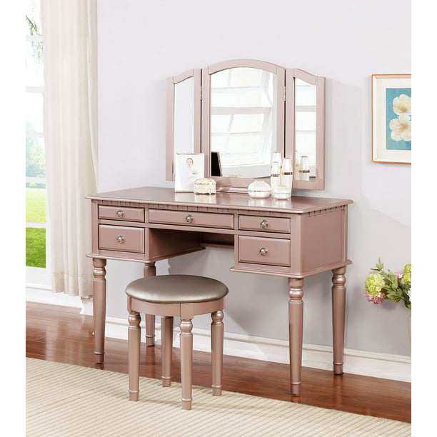 Poundex F4060 Wooden Makeup Vanity Set Desk, Mirror & Stool - Rose Gold
