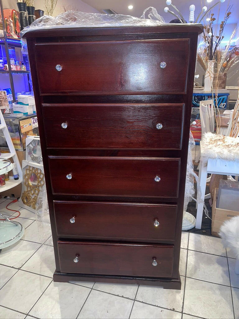 PINE SOLID WOOD CHEST 5 DRAWER WITH CRYSTAL KNOBS - CHERRY.