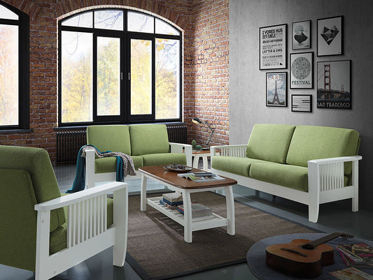 Wooden Arm Sofa Set Green Fabric White Wood Finish