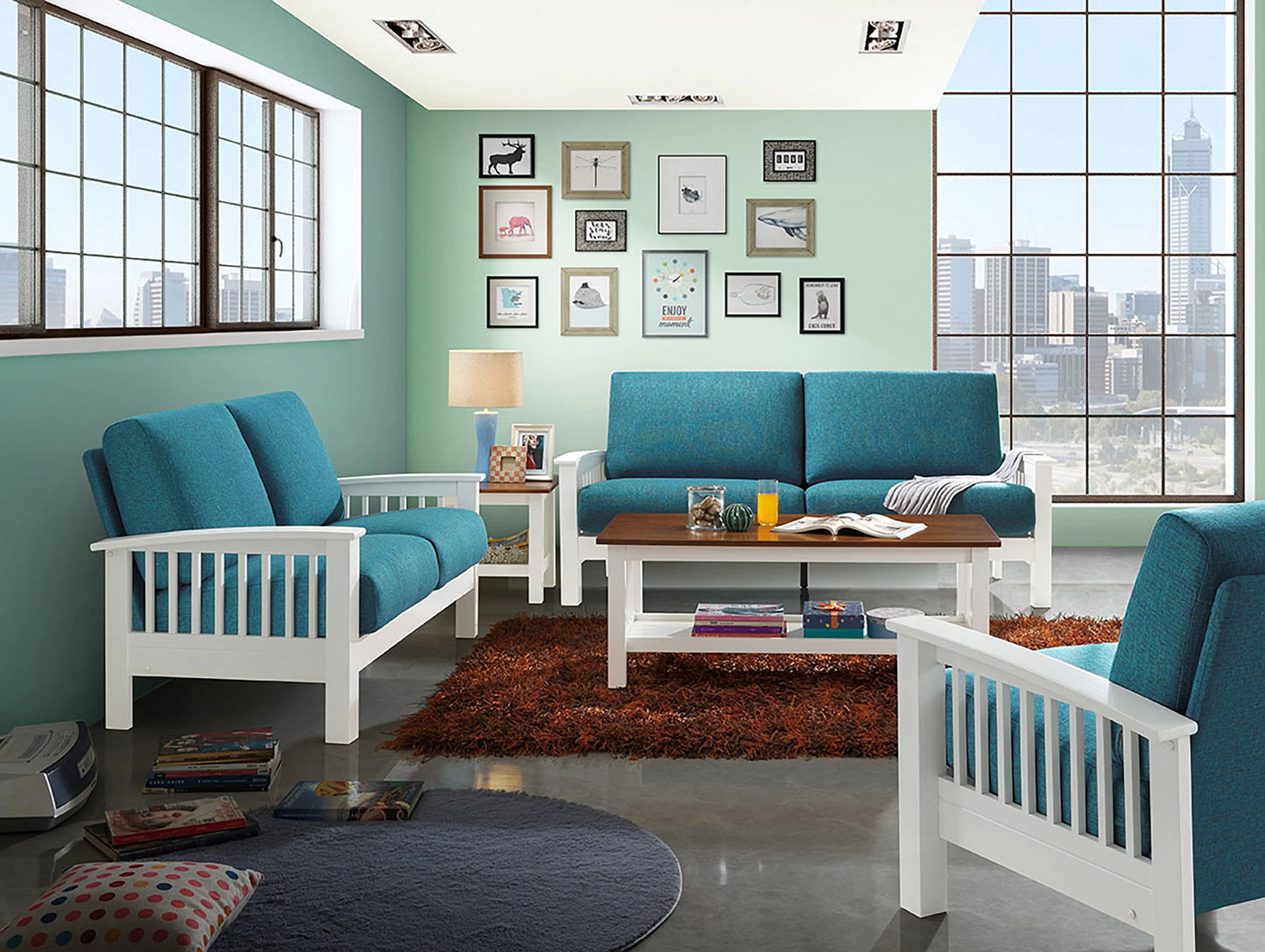 Wooden Arm Sofa Set Blue Fabric White Wood Finish