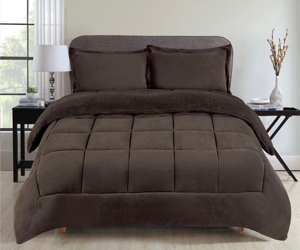 Fleece Blanket, 3- Pieces Sherpa Blanket - Super Soft Warm, Korean Style Reversible Printed Winter Borrego Blanket (Solid Color - Brown, King(79"x91")).