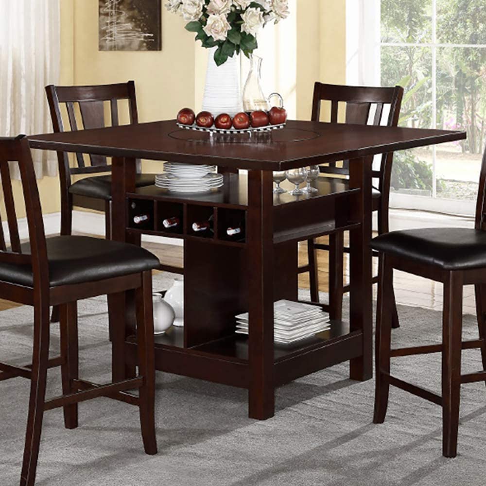 Poundex Counter Height Table with Wine Storage and Shelves in Dark Rosy 5pc set Brown Finish.