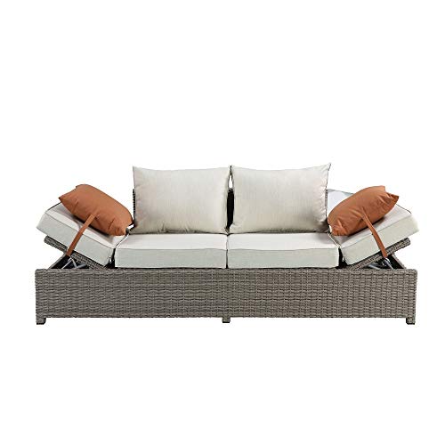 Salena Patio Sofa & Ottoman w/2 Pillows in Beige Fabric & Gray Wicker
