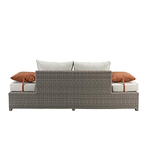 Salena Patio Sofa & Ottoman w/2 Pillows in Beige Fabric & Gray Wicker