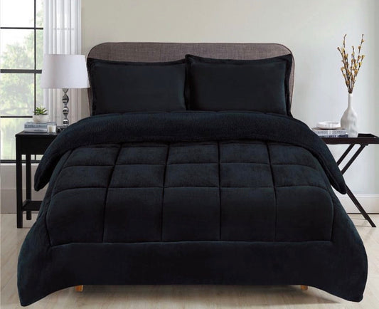 Fleece Blanket, 3- Pieces Sherpa Blanket - Super Soft Warm, Korean Style Reversible Printed Winter Borrego Blanket (Solid Color - Black, King(79"x91")).