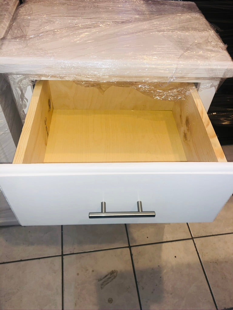 Pine Wood Night Strand With 3 Drawers - White W/ Stainless steel Handles.