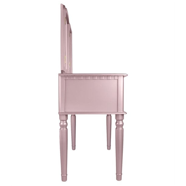 Poundex F4060 Wooden Makeup Vanity Set Desk, Mirror & Stool - Rose Gold
