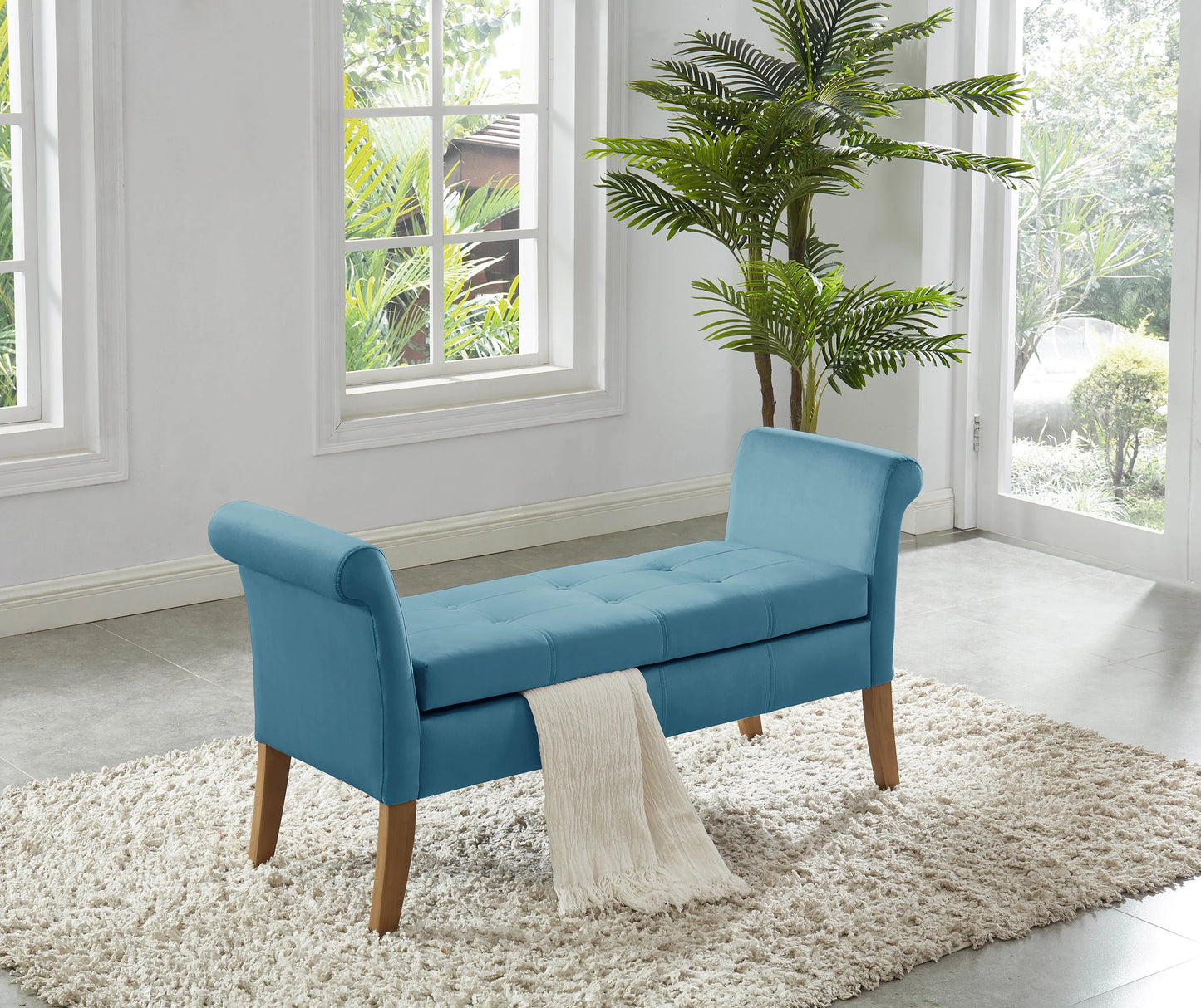 Blue velvet storage bedroom bench with armrest