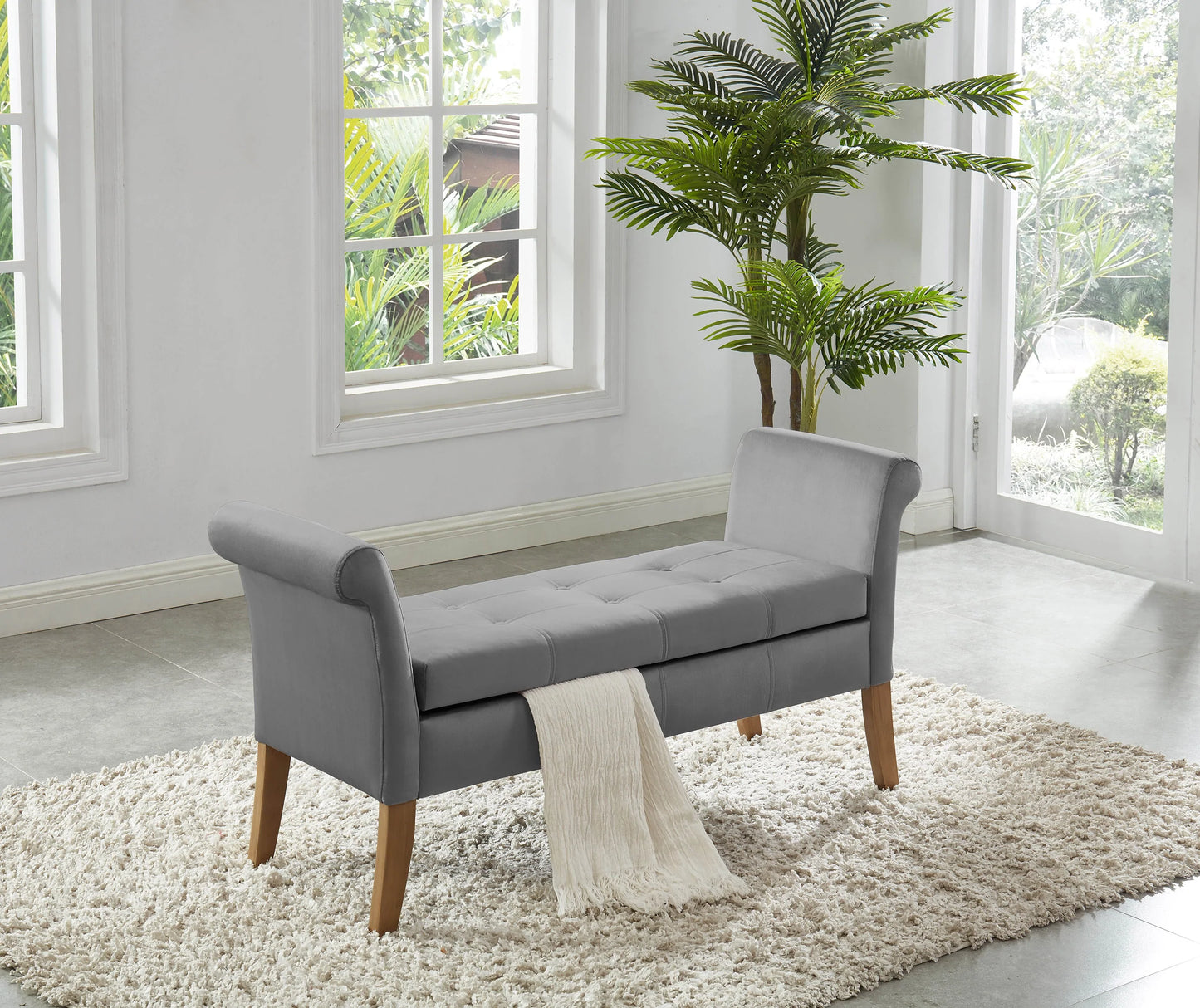 Blue velvet storage bedroom bench with armrest
