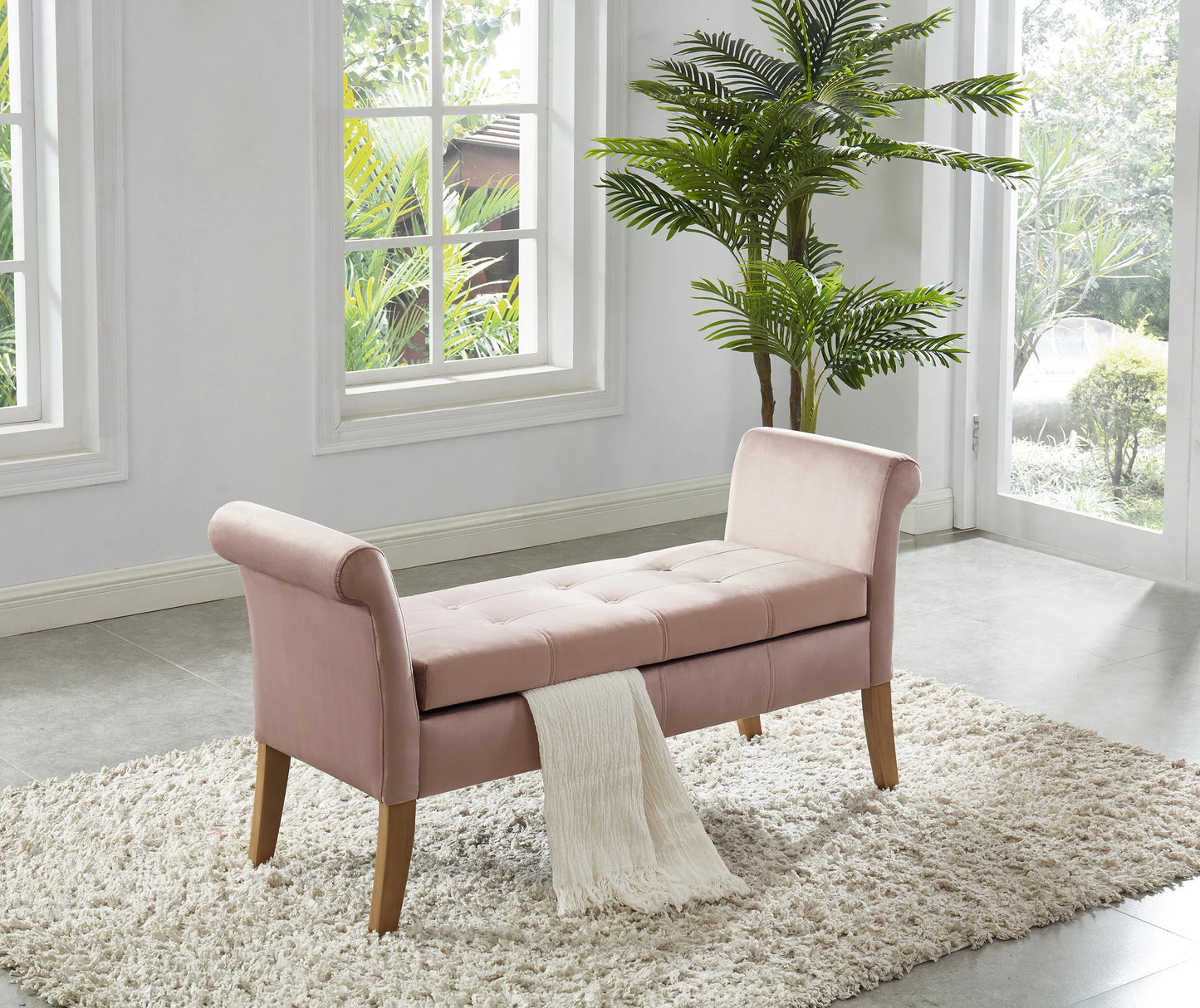 Blue velvet storage bedroom bench with armrest