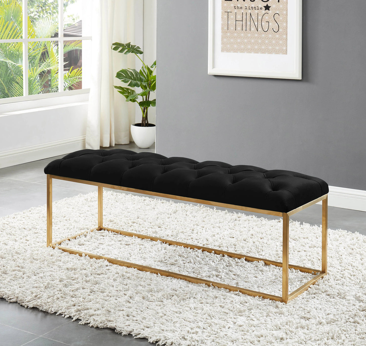 Stylish and elegant bench with gold-coloured rectangular metal legs & base in upholstered velvet. Comes in Black, Blue, Green, Grey, and Pink colours