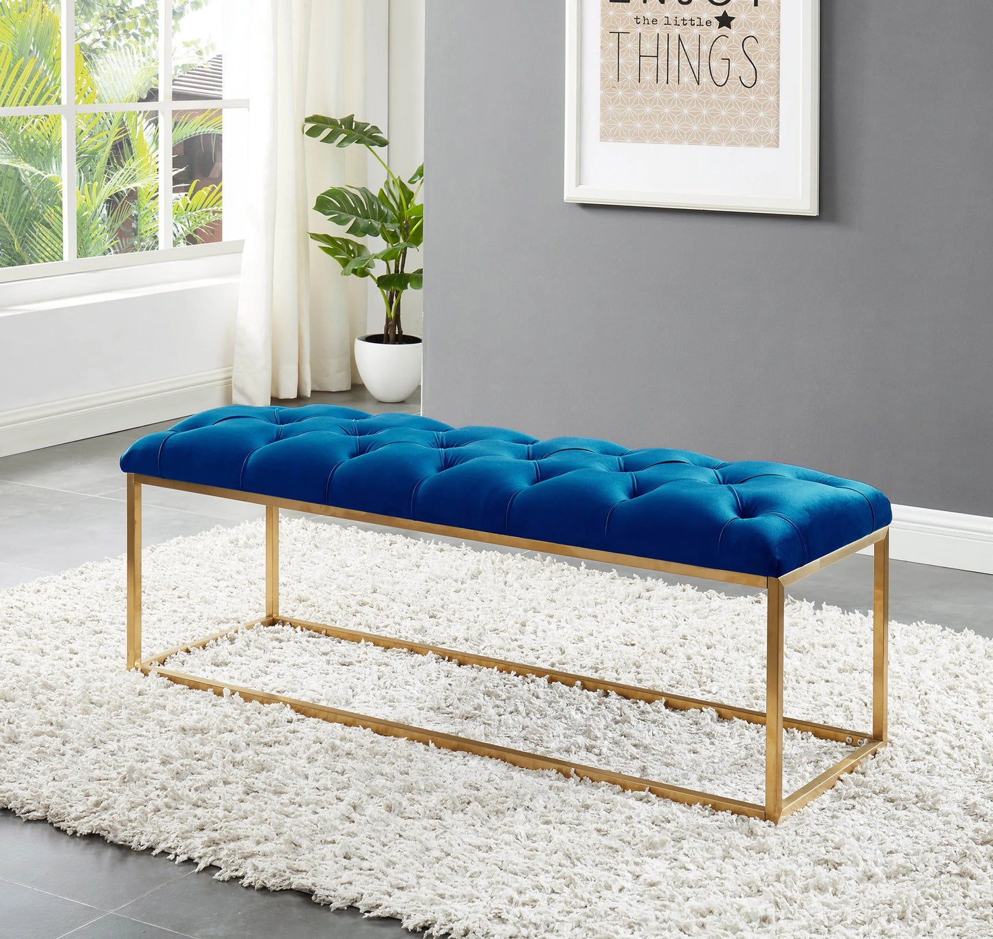 Stylish and elegant bench with gold-coloured rectangular metal legs & base in upholstered velvet. Comes in Black, Blue, Green, Grey, and Pink colours