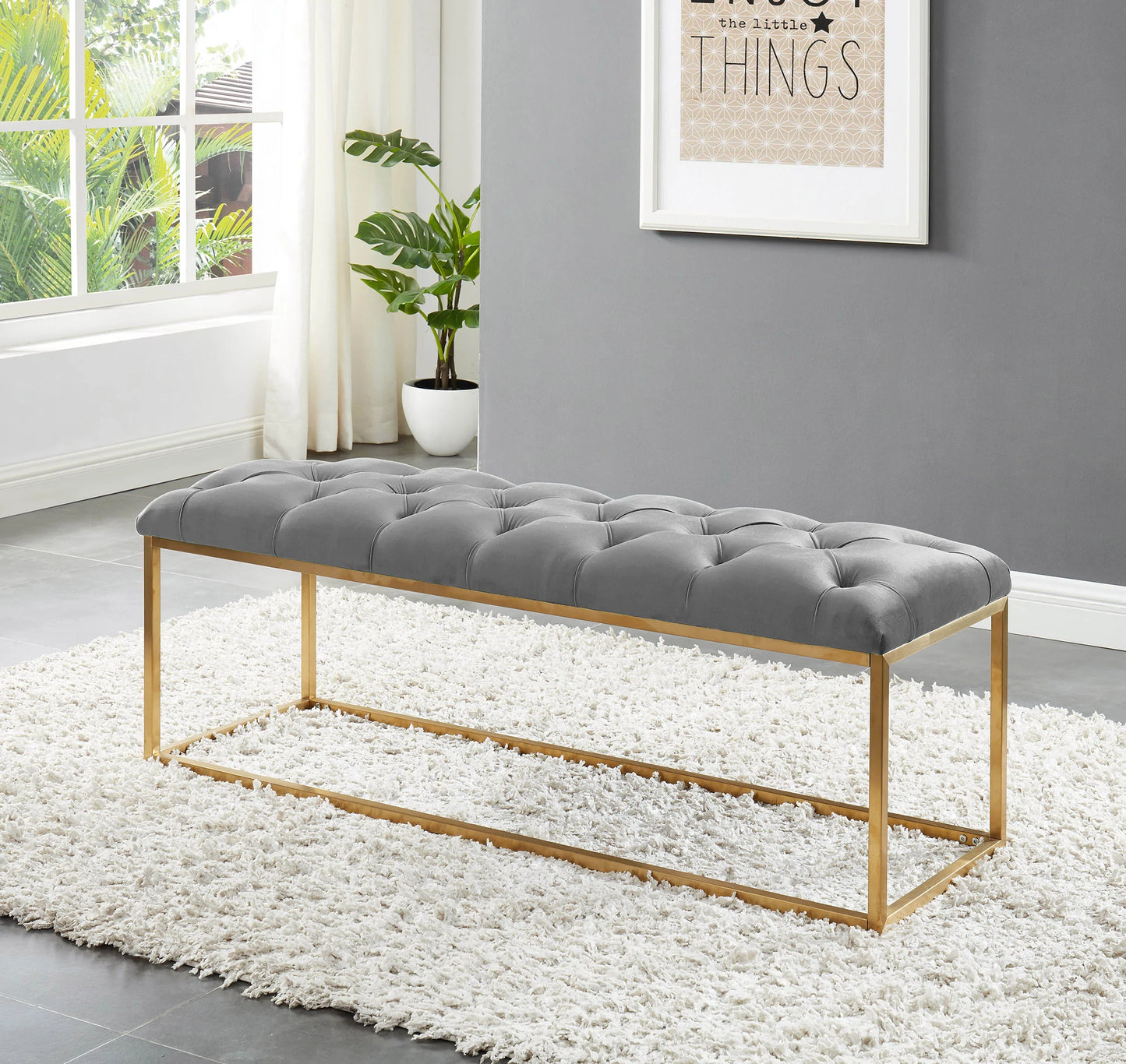 Stylish and elegant bench with gold-coloured rectangular metal legs & base in upholstered velvet. Comes in Black, Blue, Green, Grey, and Pink colours