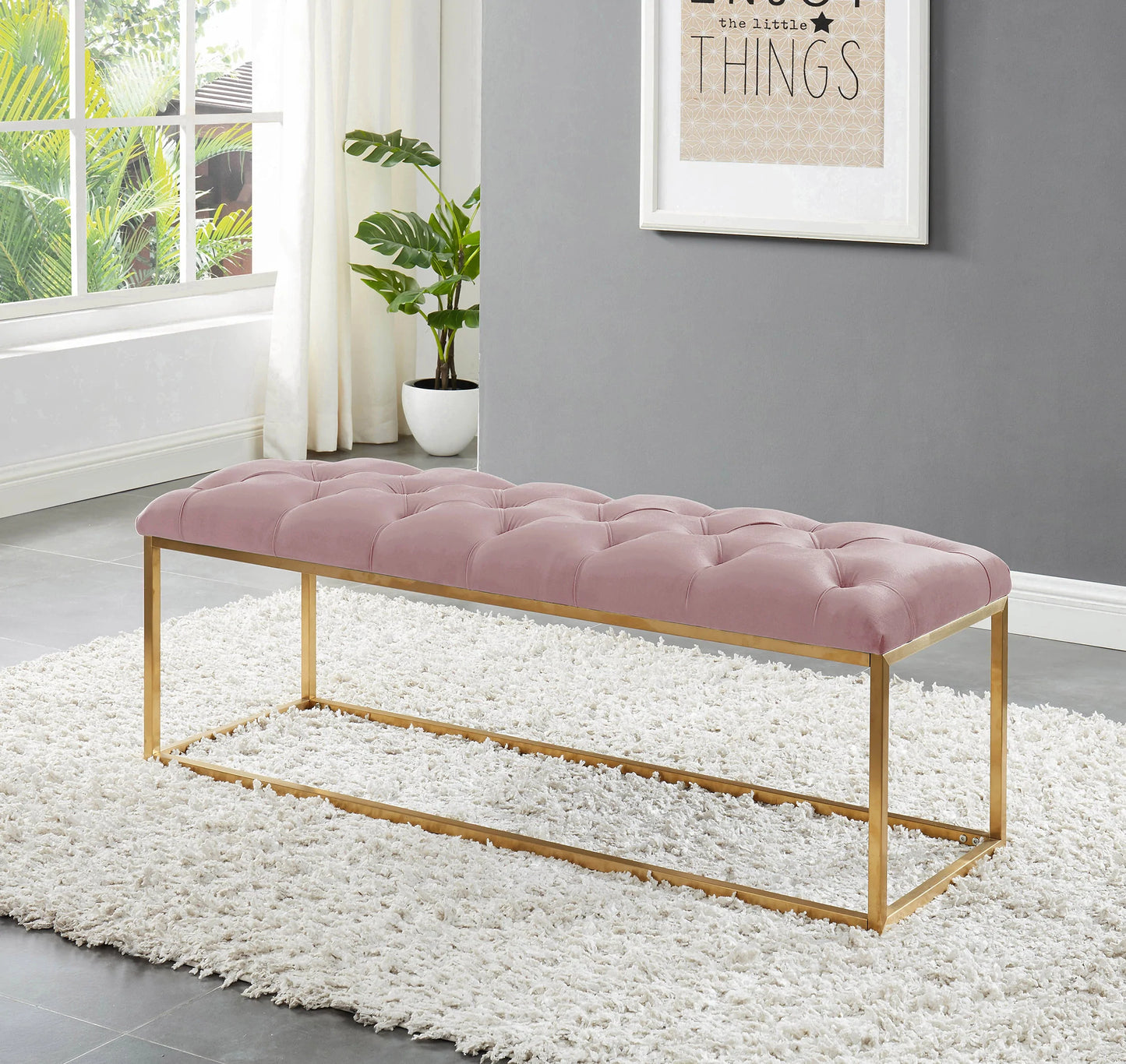 Stylish and elegant bench with gold-coloured rectangular metal legs & base in upholstered velvet. Comes in Black, Blue, Green, Grey, and Pink colours