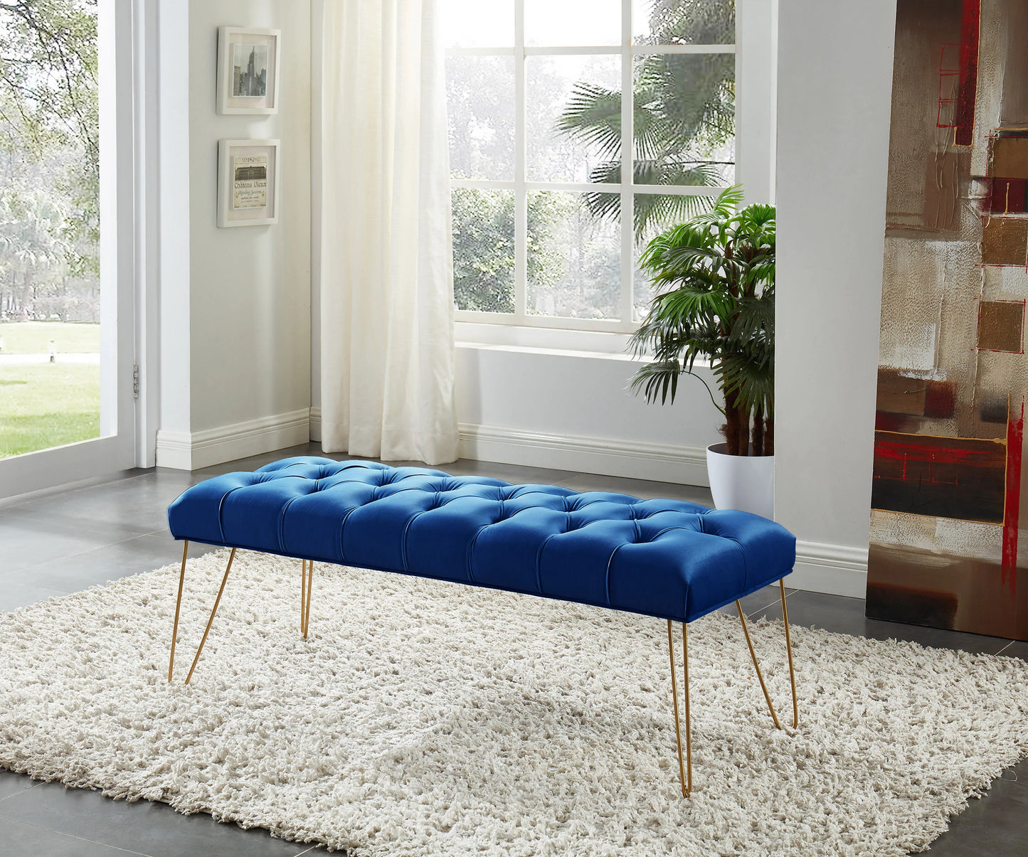 Asia Direct Honor Blue Velvet/Gold Tufted Accent Bench with Gold Colored Legs