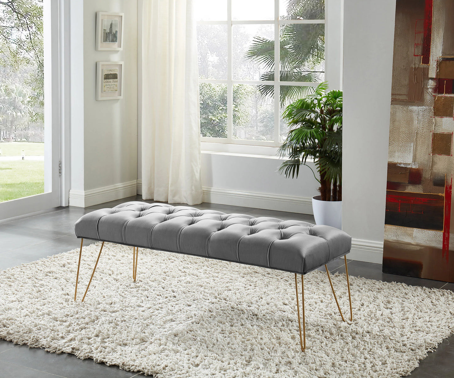 Asia Direct Honor Blue Velvet/Gold Tufted Accent Bench with Gold Colored Legs