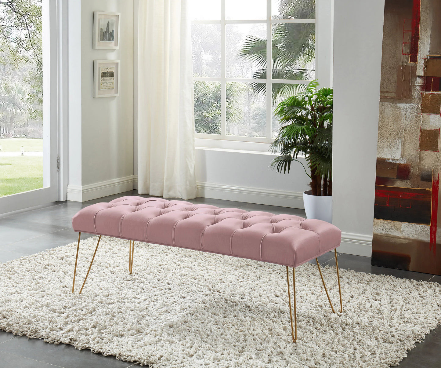 Asia Direct Honor Blue Velvet/Gold Tufted Accent Bench with Gold Colored Legs