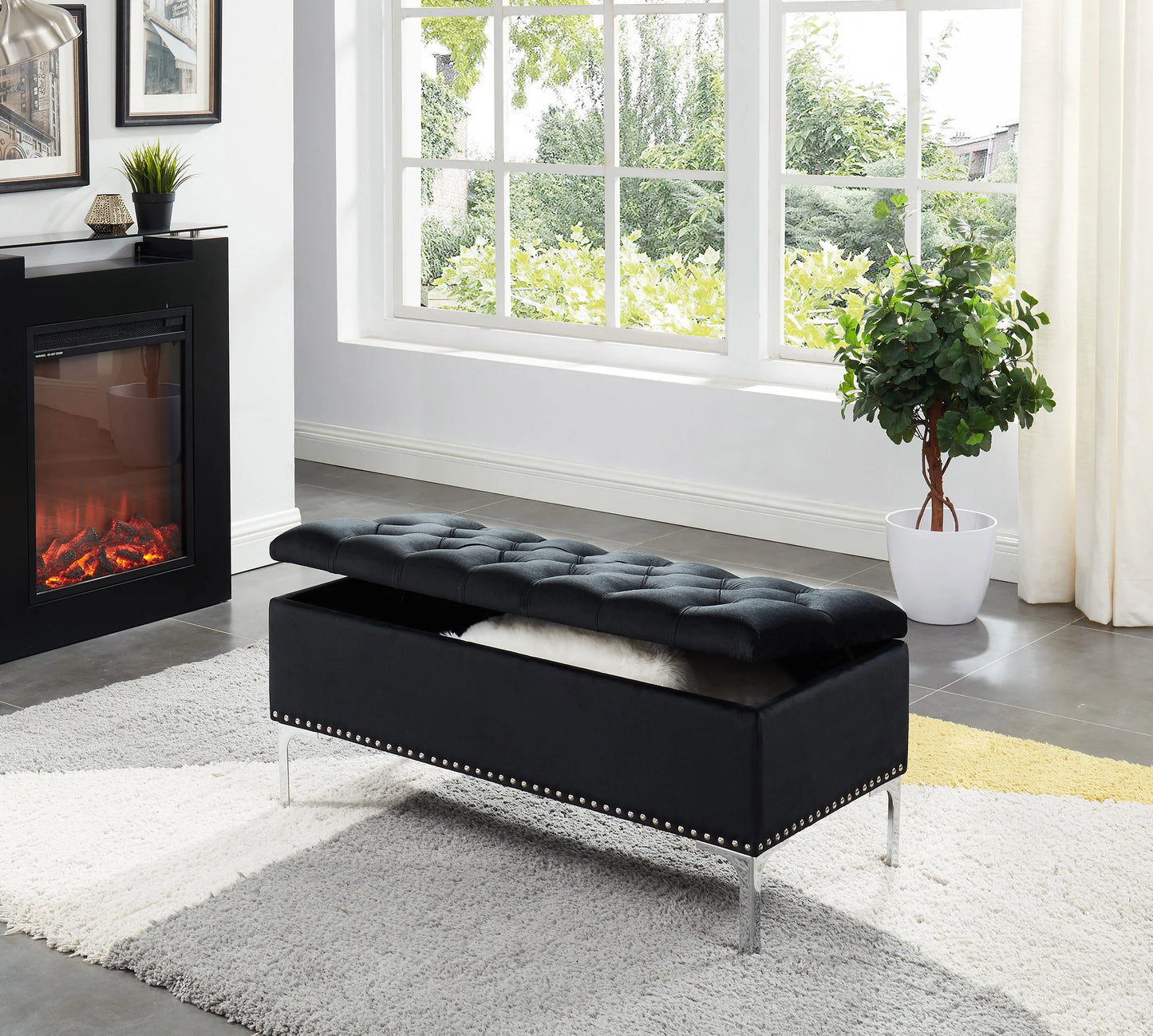 Black velvet tufted top storage bench with chrome metal legs