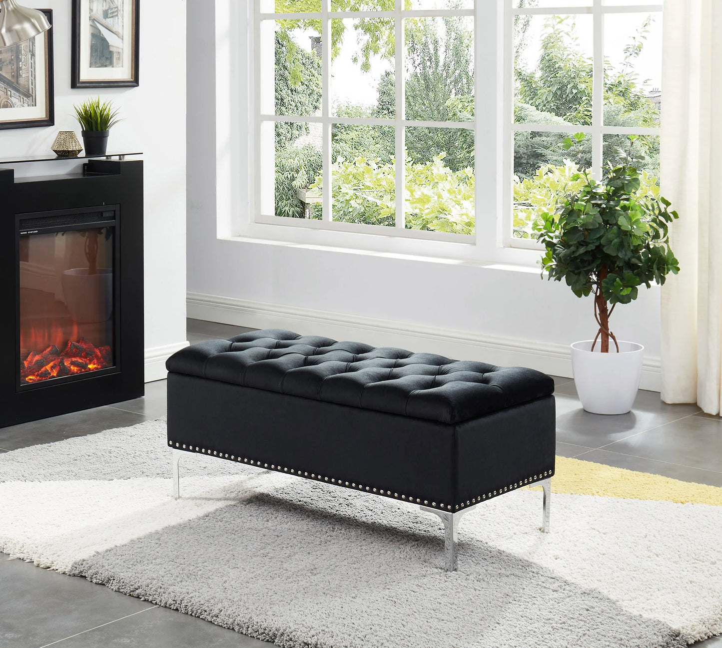 Black velvet tufted top storage bench with chrome metal legs