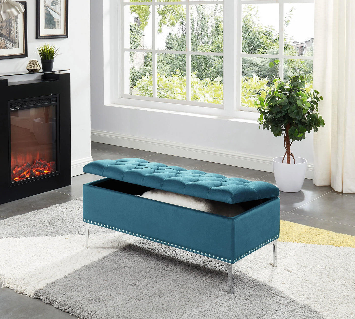 Black velvet tufted top storage bench with chrome metal legs