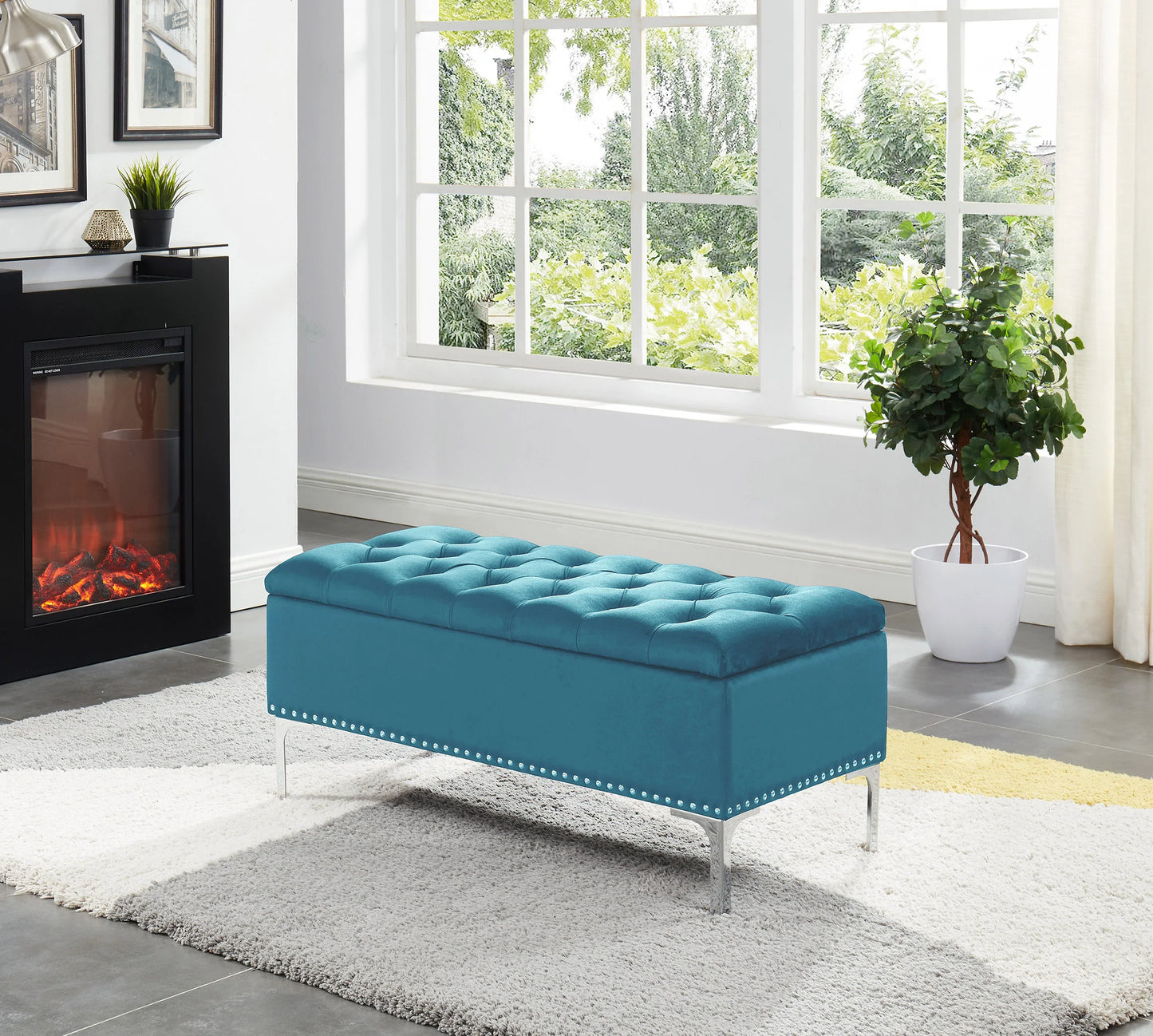 Black velvet tufted top storage bench with chrome metal legs