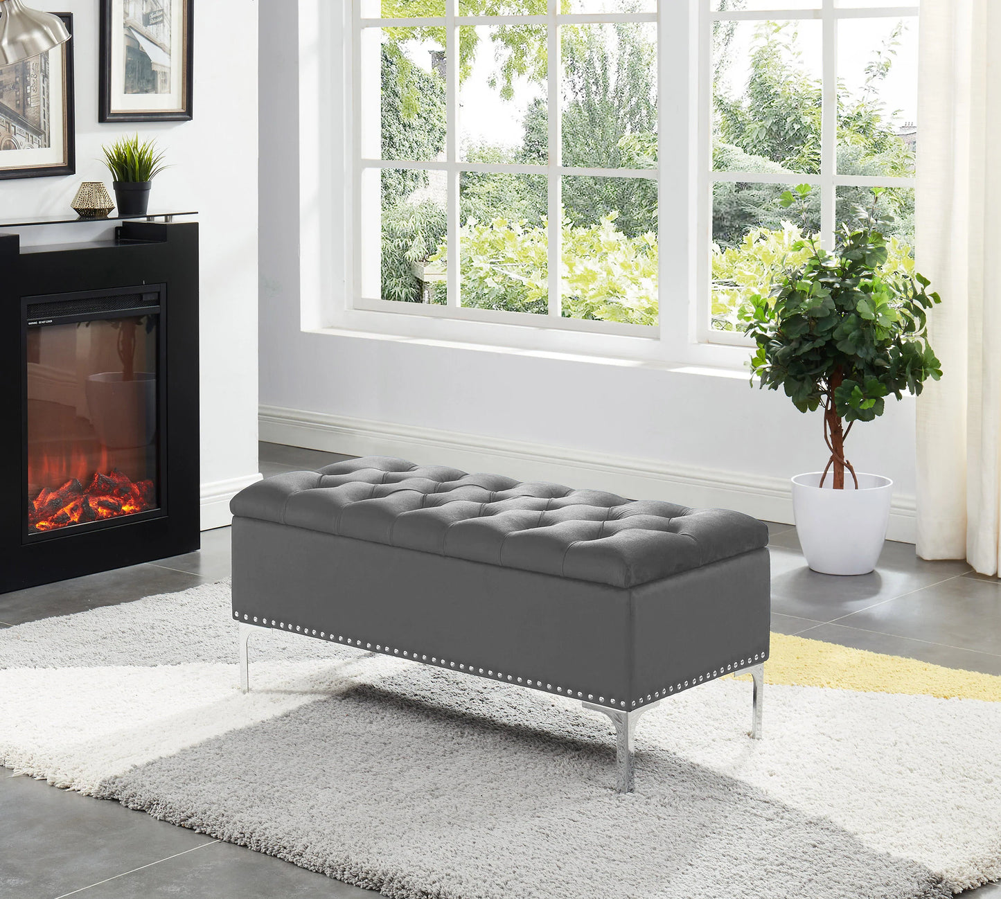 Black velvet tufted top storage bench with chrome metal legs