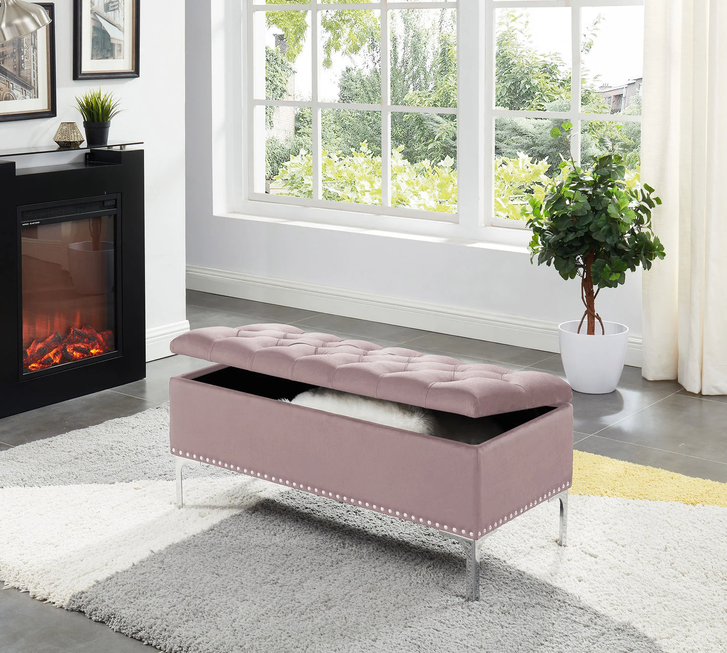 Black velvet tufted top storage bench with chrome metal legs