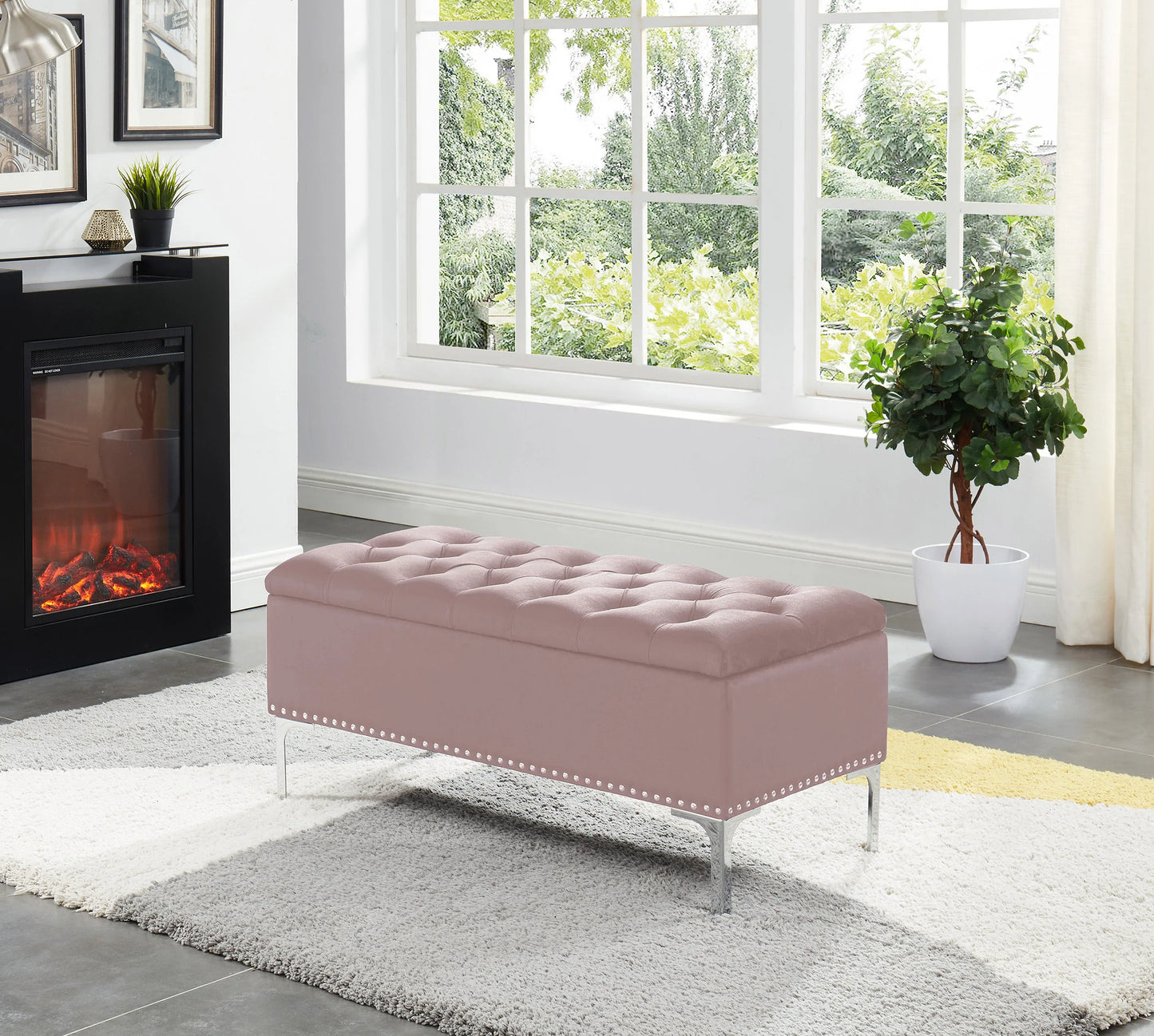 Black velvet tufted top storage bench with chrome metal legs