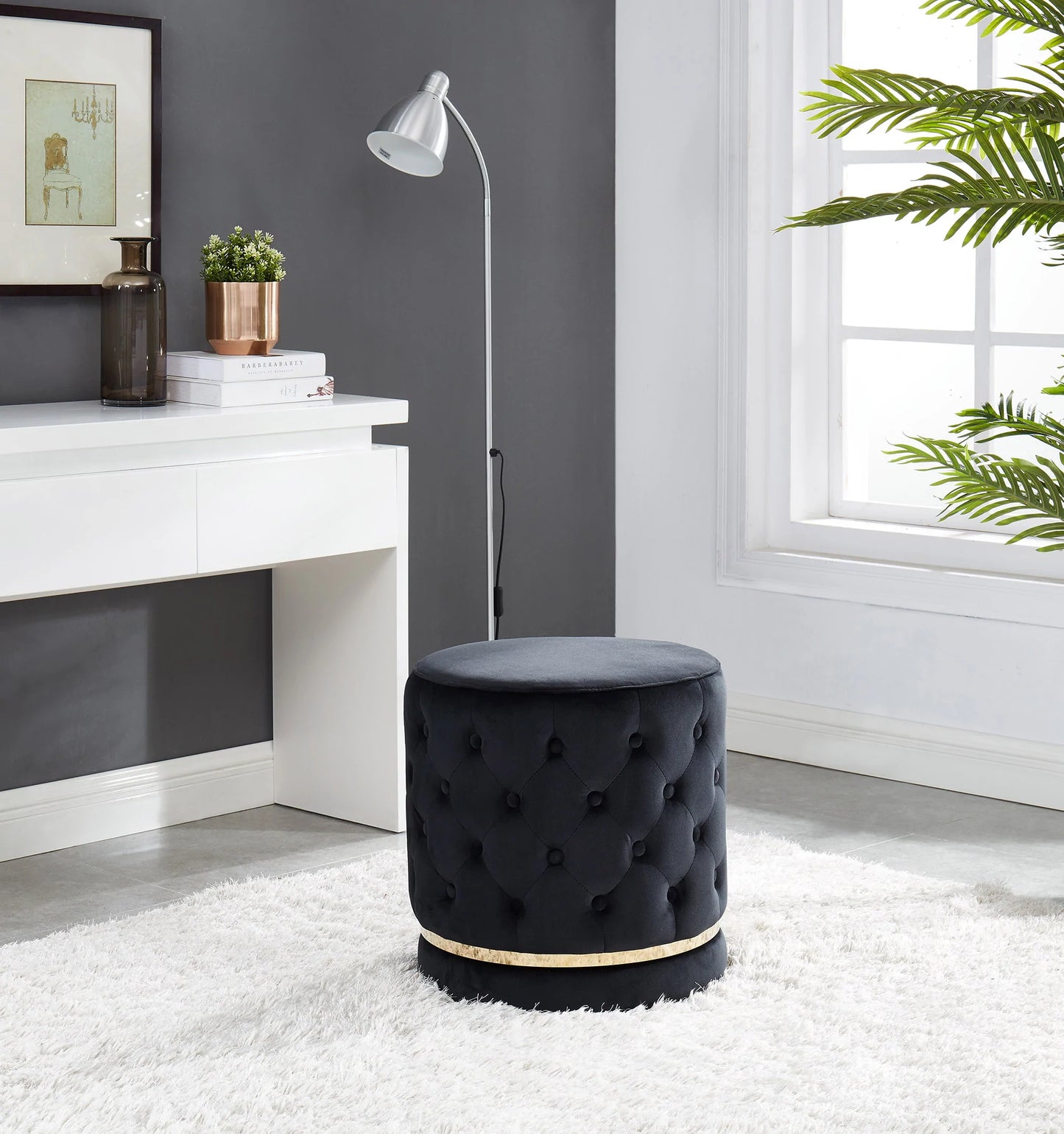 Swivel Ottoman / Stool Black Sky Blue, Grey, Ivory, or Mauve Velvet