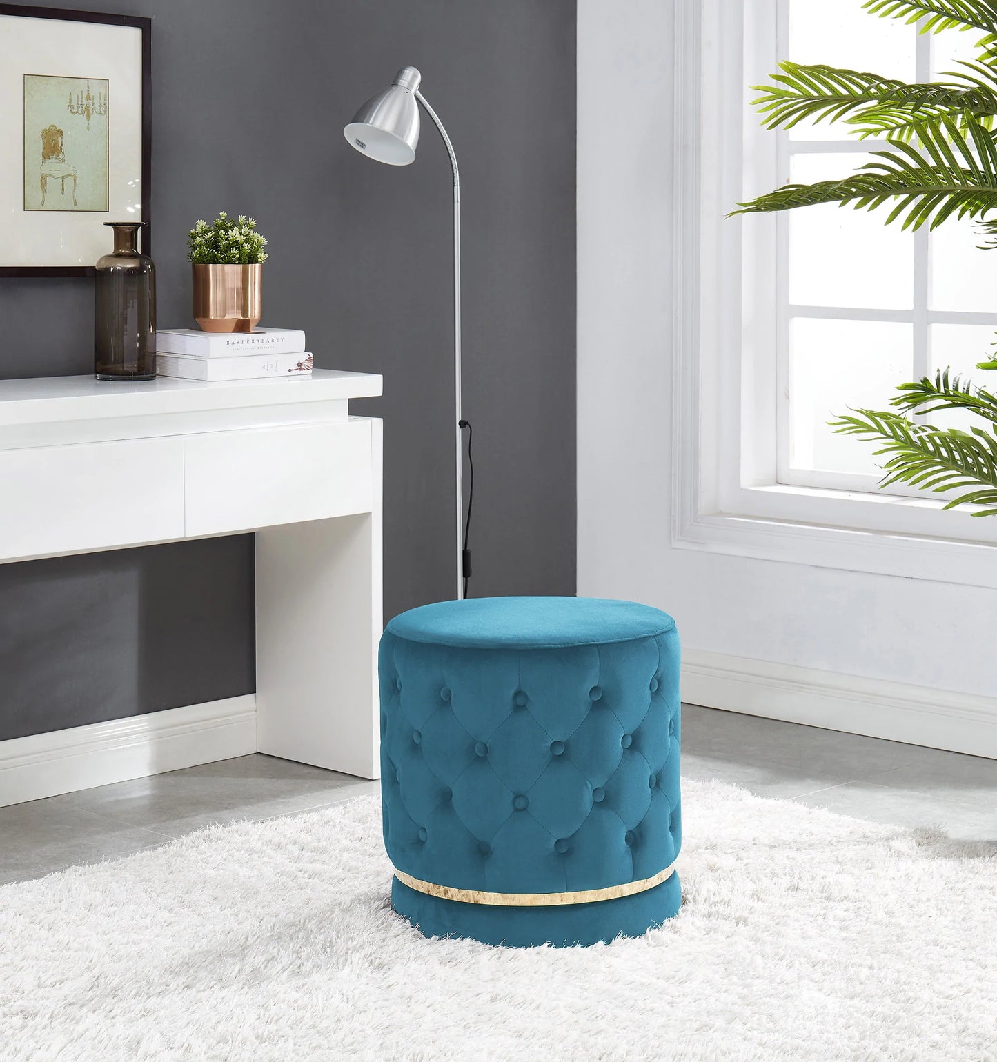 Swivel Ottoman / Stool Black Sky Blue, Grey, Ivory, or Mauve Velvet