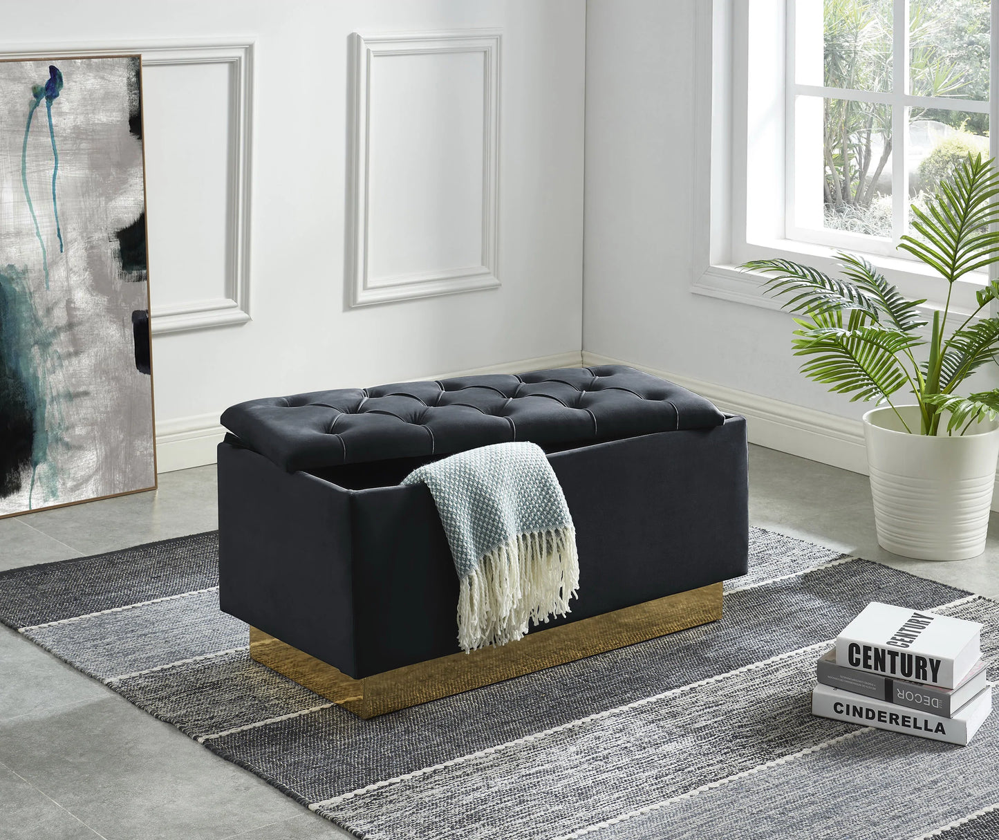 Black Rectangular Bench with Gold PU Base & Storage
